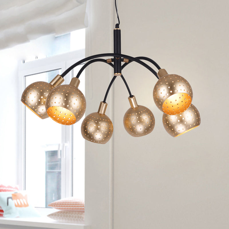 Gold and Black Dome Pendant Chandelier Modernism 6 Bulbs Metal Suspension Light with Hollow Out Design