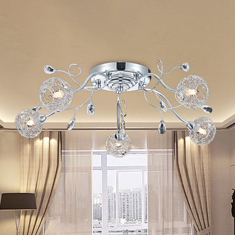 5 Lights Living Room Semi Mount Lighting Contemporary Chrome LED Flush Lamp Fixture with Ball Metal Mesh Shade