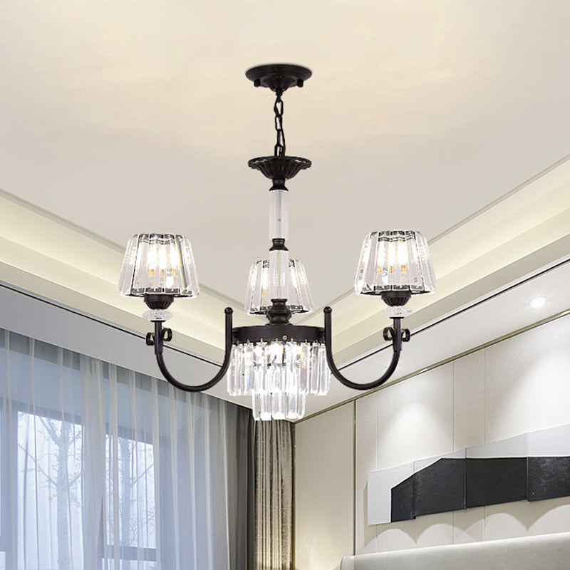 Tapered Crystal Suspension Light Modern 3/6 Heads Dining Room Chandelier Lamp in Black