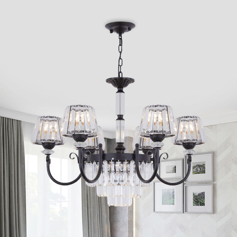 Tapered Crystal Suspension Light Modern 3/6 Heads Dining Room Chandelier Lamp in Black