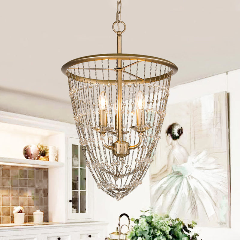 Contemporary Candle Chandelier Lamp 3 Heads Crystal Suspension Light in Gold with Draped Chain