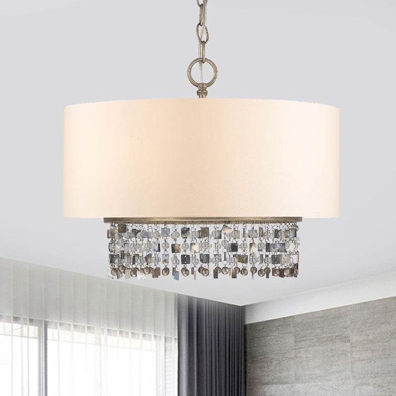 Trommelstof kroonluchter licht traditionele 5-bulb woonkamer hangende lamp in wit met kristal accent