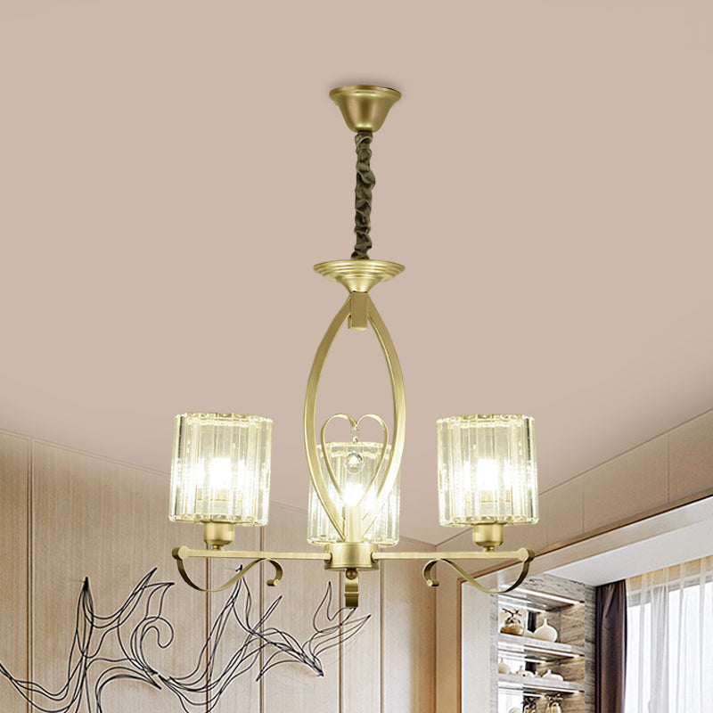 Gold Cylinder Pendant Chandelier Modern Crystal Block 3/6 Lights Living Room Ceiling Light