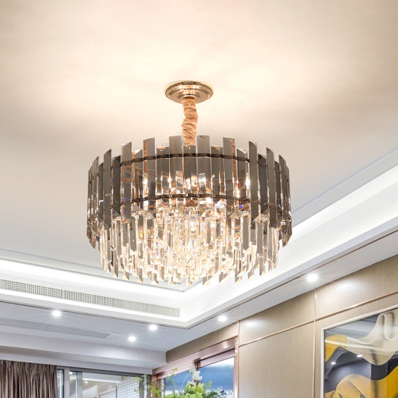 Dual-Layered Dining Room Chandelier Modernist Clear and Smoke Gray Crystal 9-Bulb Gold Pendant