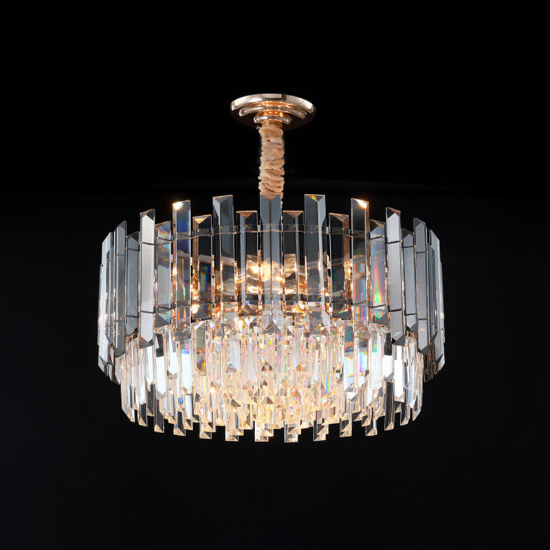 Dual-Layered Dining Room Chandelier Modernist Clear and Smoke Gray Crystal 9-Bulb Gold Pendant