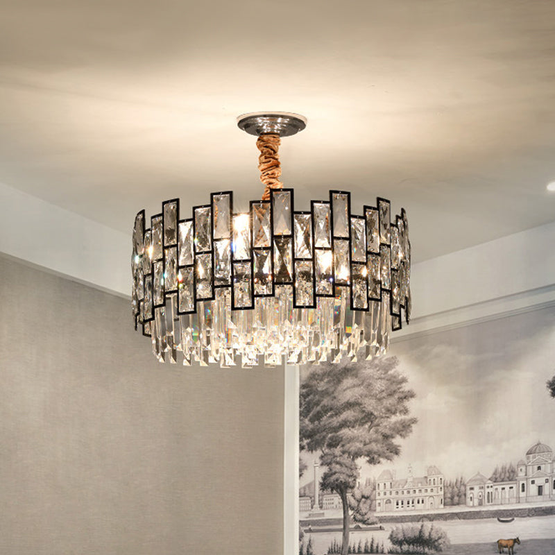 Black 9-Head Suspension Lamp Contemporary Clear Crystal Prism Dual-Layered Chandelier