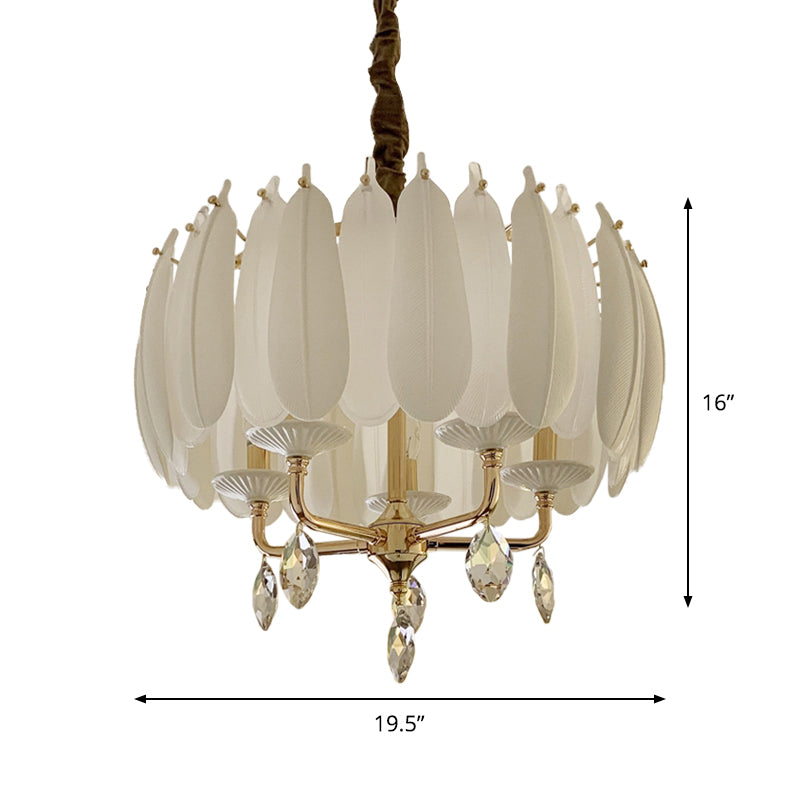 Candle Crystal Pendant Minimalism 5 Bulbs Bedroom Chandelier in White with Glass and Ceramic Feather