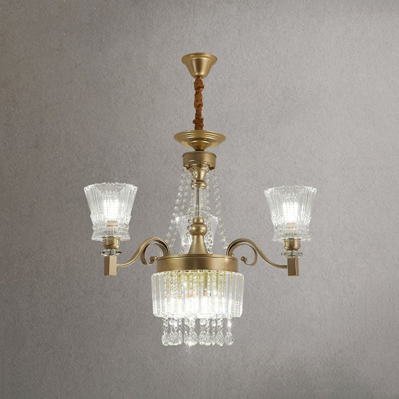 Modern Conical Pendant Lamp 6/9-Head Clear Crystal Chandelier Light Fixture in Gold for Bedroom