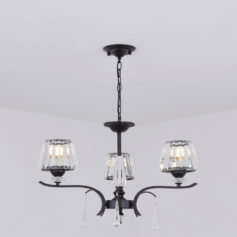 Crystal Block Cone Chandelier Modernism 3/6-Bulb Bedroom Ceiling Suspension Lamp in Black