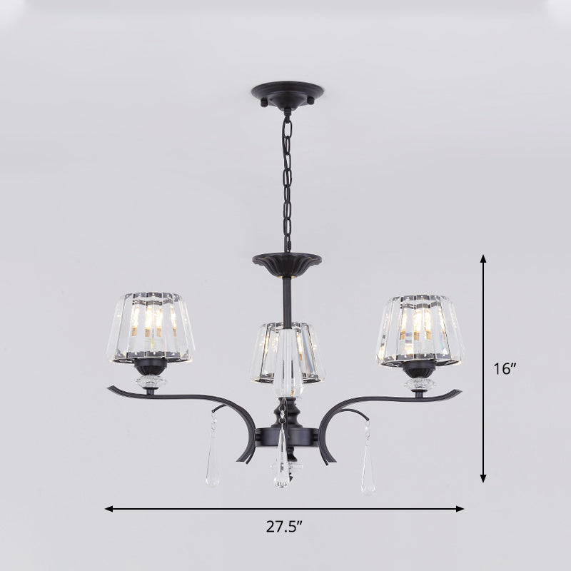 Crystal Block Cone Chandelier Modernism 3/6-Bulb Bedroom Ceiling Suspension Lamp in Black