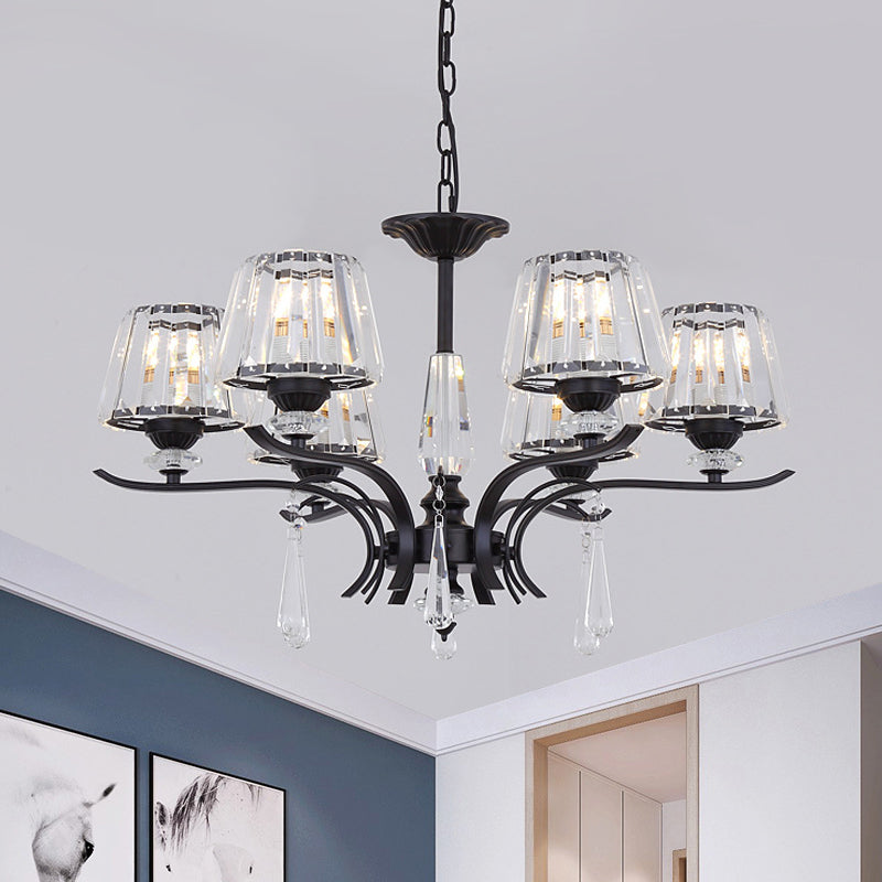 Crystal Block Cone Chandelier Modernism 3/6-Bulb Bedroom Ceiling Suspension Lamp in Black