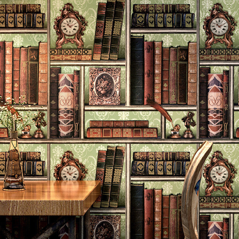 Victorian 3D Effect Bookstores Wallpaper in Brown Vinyl Decorative Wall Covering, 33' by 20.5"