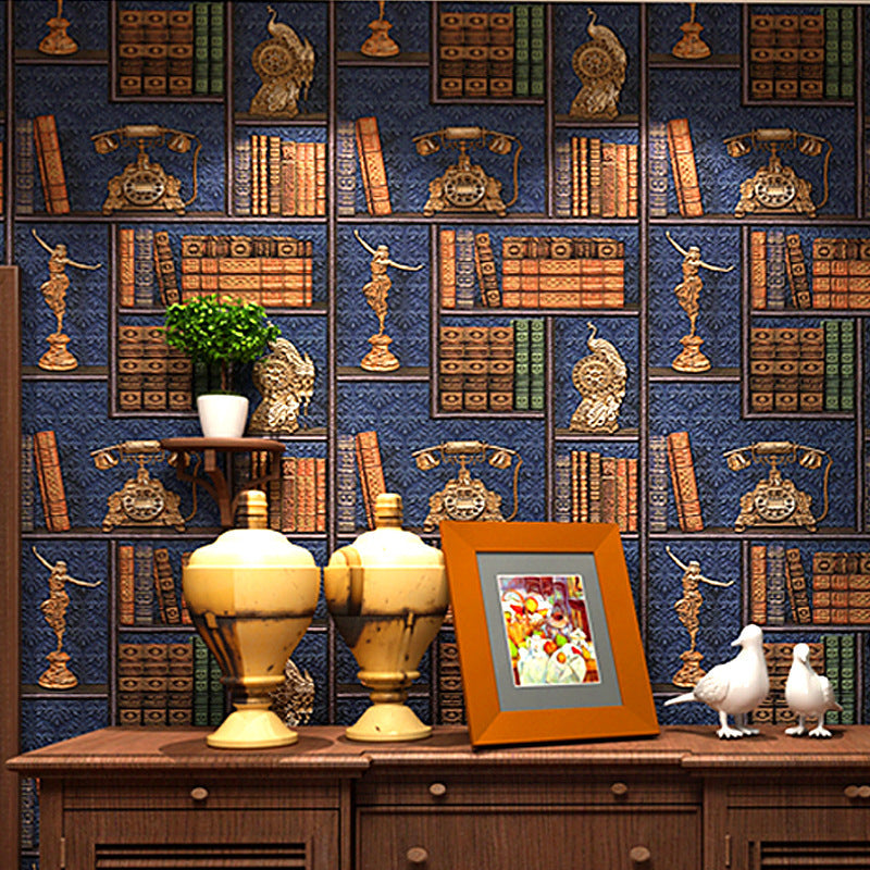 Vinyl Wallpaper with Original 3D Print Telephones and Statues on Bookcase Patterns, 57.1 sq ft.
