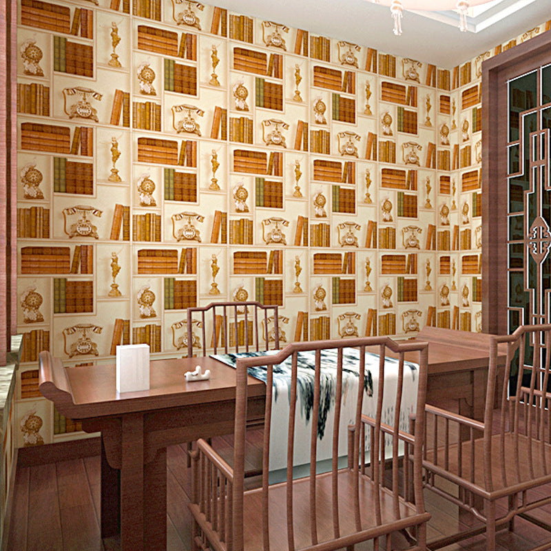 Vinyl Wallpaper with Original 3D Print Telephones and Statues on Bookcase Patterns, 57.1 sq ft.