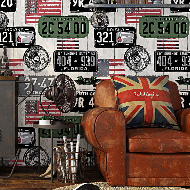 Decorative Non-Pasted Graffiti of Car Plates and USA National Flags Matted Plaster Wallpaper in Multi-Color