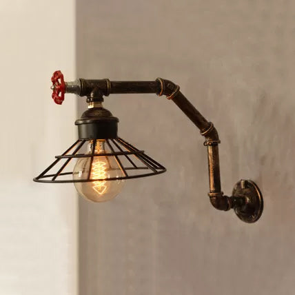 1 Bulb Wire Conical Wall Lighting with Pipe Design Vintage Industrial Bronze Finish Metal Sconce Lamp