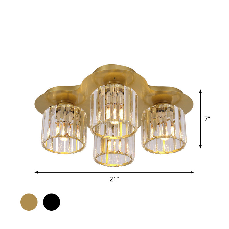 Simple Cylinder Flush Mount Lamp 4-Head Crystal Block Flush Ceiling Light Fixture in Black/Gold