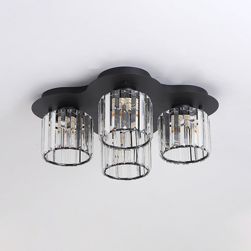 Simple Cylinder Flush Mount Lamp 4-Head Crystal Block Flush Ceiling Light Fixture in Black/Gold
