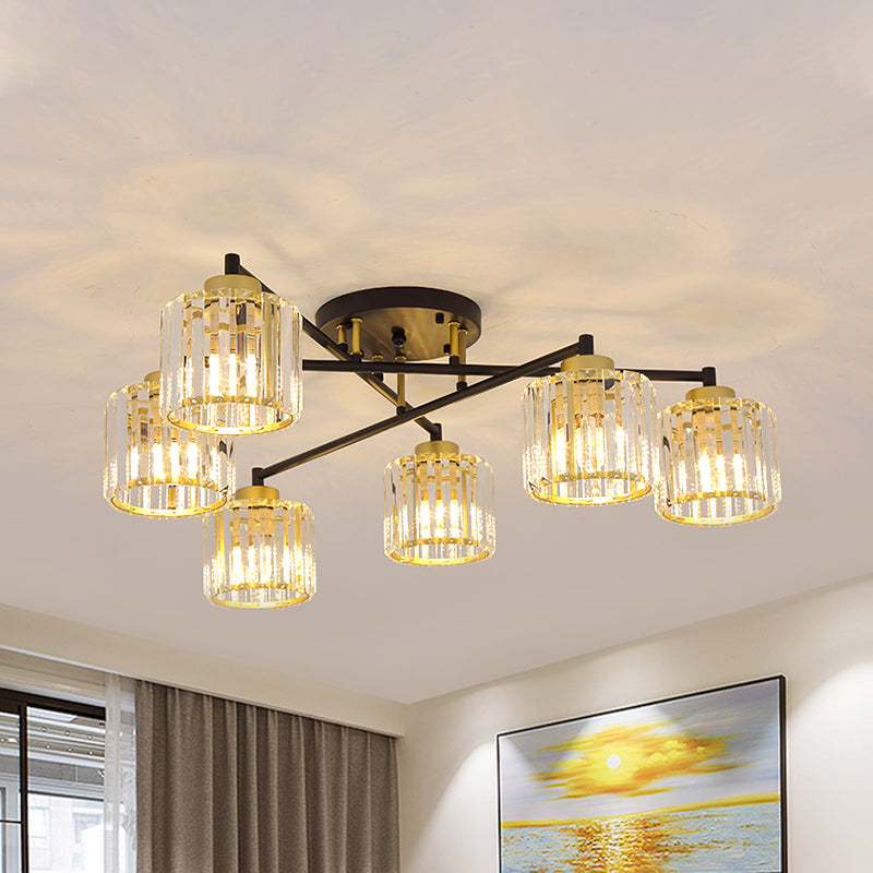 Cylinder Bedroom Semi Flush Light Minimalist Crystal Rectangle 4/6-Light Black and Gold Flushmount