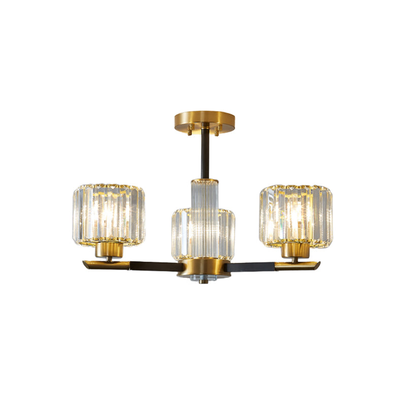 Simplicity Cylinder Semi Mount Lighting 3/6 Lights Crystal Block Ceiling Light in Black and Gold