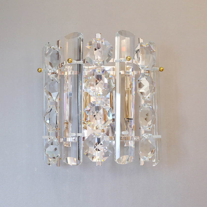 2-Light Wall Lamp Contemporary Living Room Sconce with Half Cylinder Clear Crystal Shade