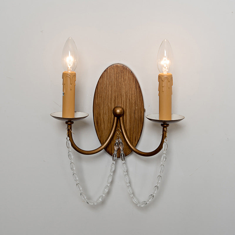 Wood Candle Wall Sconce Light Rustic Crystal Bead 2 Lights Hallway Wall Mount Lamp
