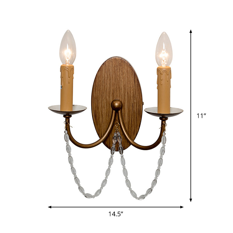 Wood Candle Wall Sconce Light Rustic Crystal Bead 2 Lights Hallway Wall Mount Lamp