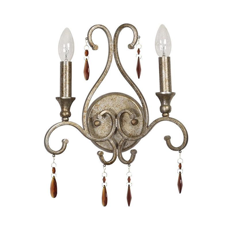 Lampada da parete a 2 teste in argento invecchiato Lampada da parete con candeliere in cristallo ambrato rustico