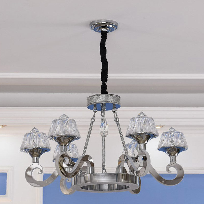 Modern Scrolled Arm Ceiling Light 6 Bulbs Clear Crystal Block Chandelier Lighting Fixture in Chrome