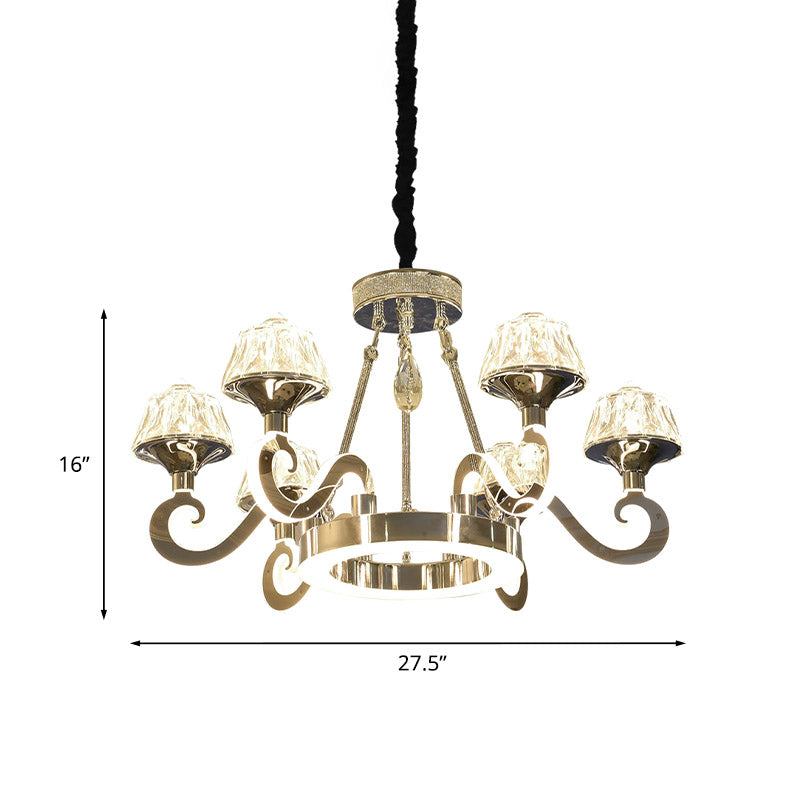 Modern Scrolled Arm Ceiling Light 6 Bulbs Clear Crystal Block Chandelier Lighting Fixture in Chrome