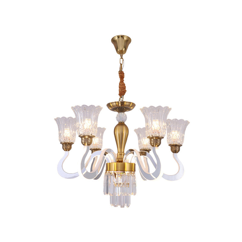Clear Crystal Flower Ceiling Lamp Contemporary 6-Head Dining Room Chandelier with Acrylic Arm