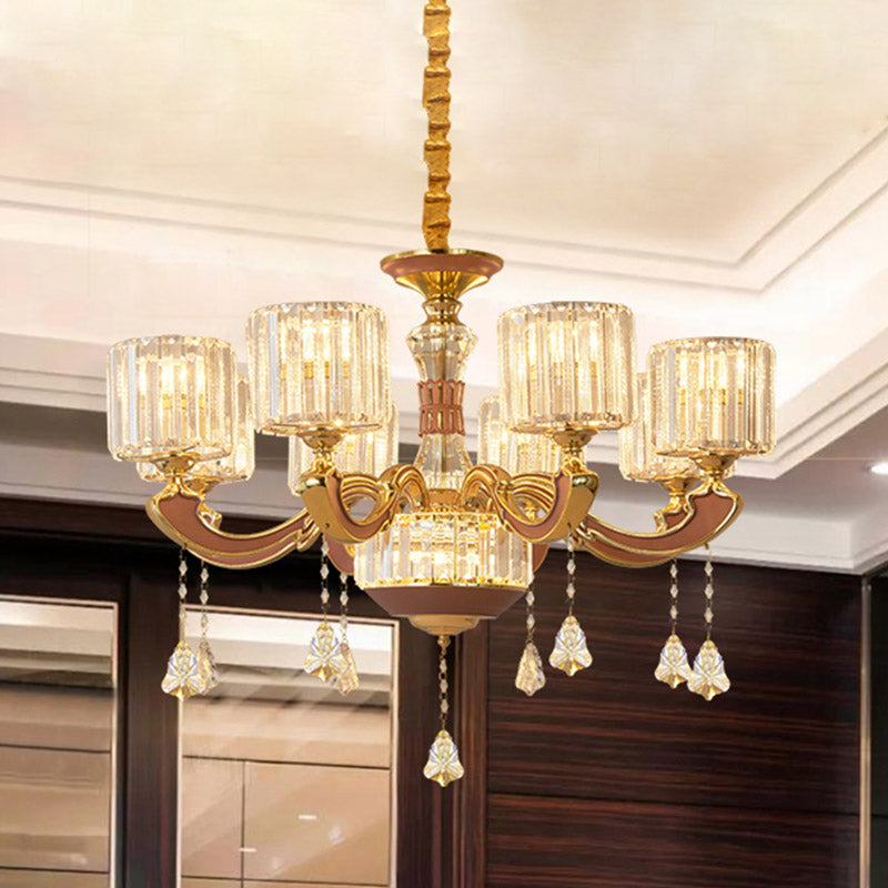 Mid Century Column Pendant Lamp 8-Light Crystal Block Chandelier Light Fixture in Gold