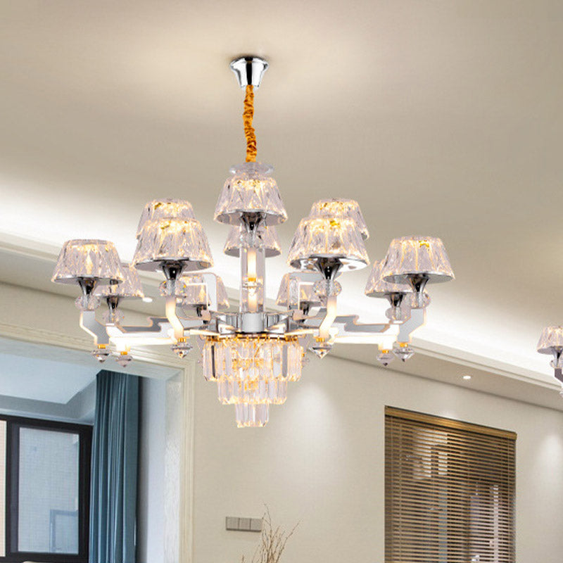 12 Heads Chandelier Lamp Minimalism Living Room Pendant with Conical Crystal Shade in Chrome