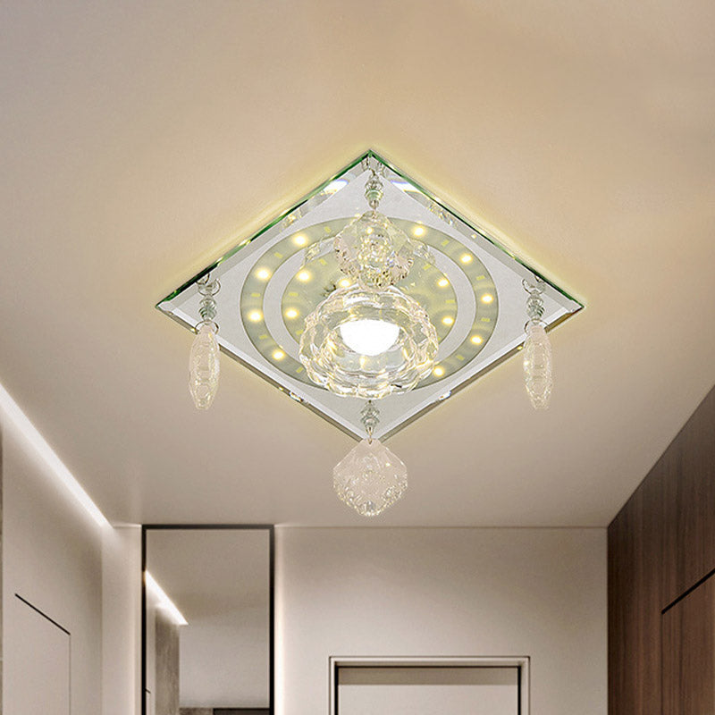 Square Clear Crystal Flushmount Minimalist LED Hallway Close to Ceiling Lighting Fixture
