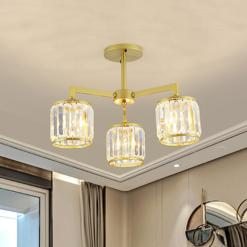 Cilindro de cristal K9 Semi Flush Postmoderno 3/6 Bulbos Sala de estar Techo Monte en oro