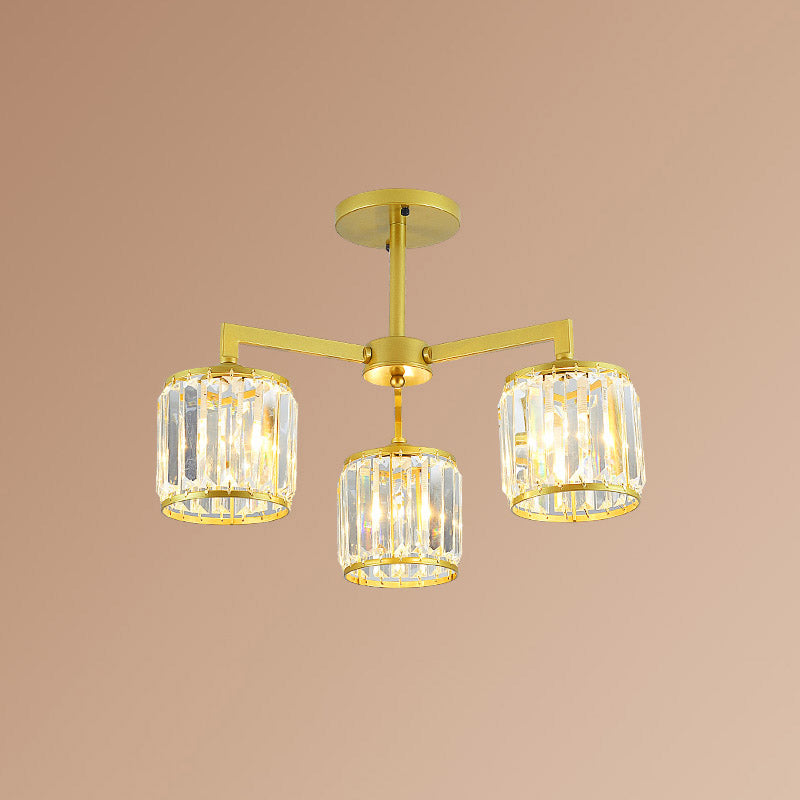 Cilindro de cristal K9 Semi Flush Postmoderno 3/6 Bulbos Sala de estar Techo Monte en oro
