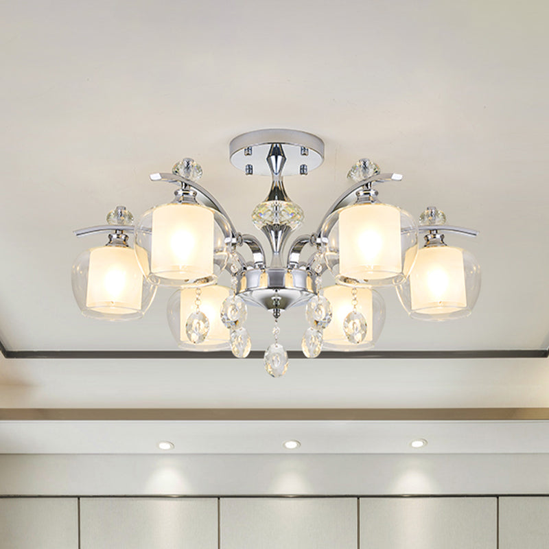 Clear Glass Sputnik Semi Flush Modernist 6 Heads Living Room Flushmount in Chrome with Crystal