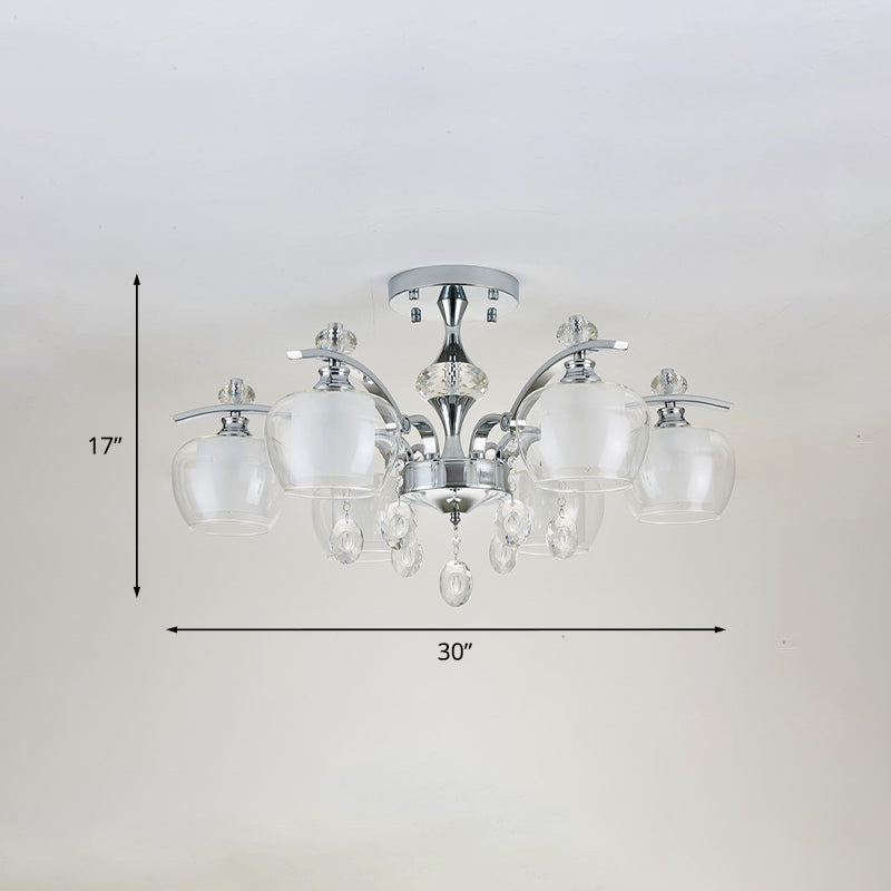 Clear Glass Sputnik Semi Flush Modernist 6 Heads Living Room Flushmount in Chrome with Crystal