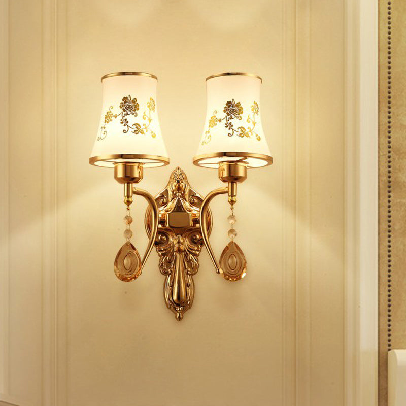 2 Bulbs Bell Sconce Lamp Mid-Century Gold Frosted Glass Wall Lighting Fixture with Crystal Drop