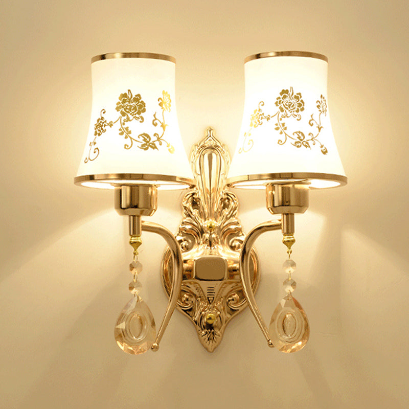 2 Bulbs Bell Sconce Lamp Mid-Century Gold Frosted Glass Wall Lighting Fixture with Crystal Drop