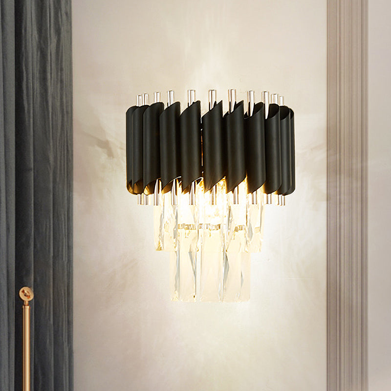 Contemporary Layered Wall Lighting 2-Light Clear K9 Crystal Wall Sconce Light Fixture in Black