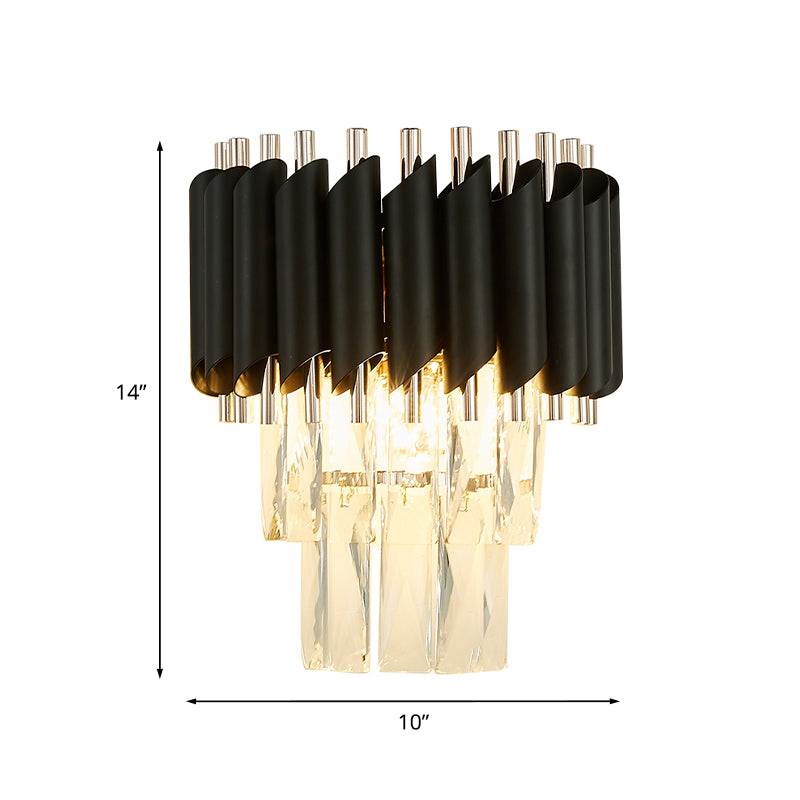 Contemporary Layered Wall Lighting 2-Light Clear K9 Crystal Wall Sconce Light Fixture in Black