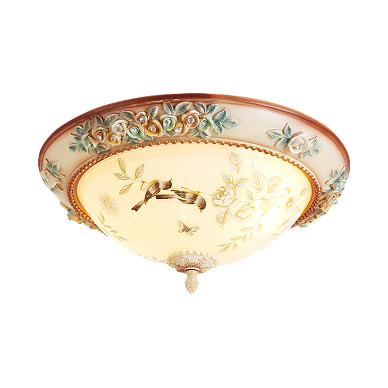 3/4 Lights Printed Glass Flush Mount American Flower White Bowl Close to Ceiling Lighting with Handmade Rose Edge