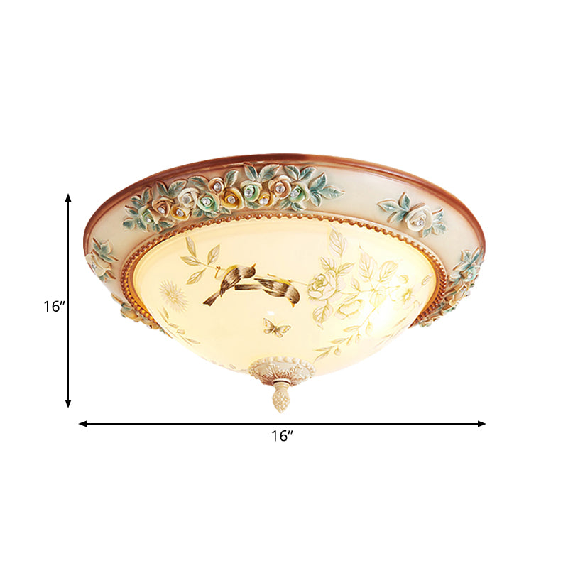 3/4 Lights Printed Glass Flush Mount American Flower White Bowl Close to Ceiling Lighting with Handmade Rose Edge