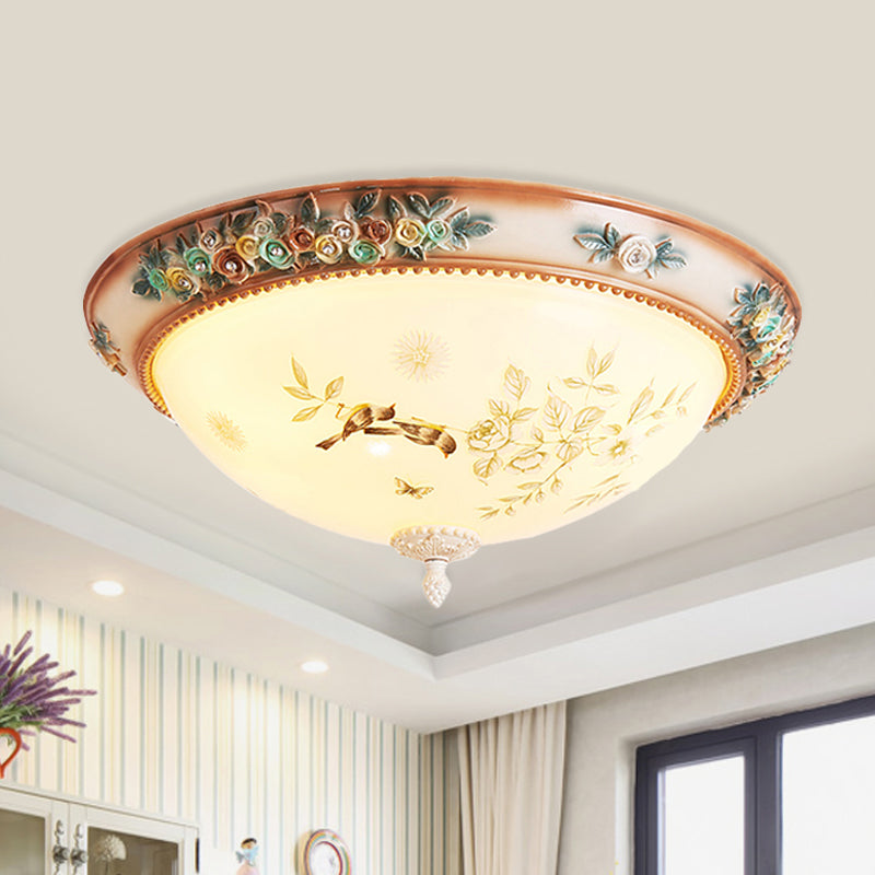 3/4 Lights Printed Glass Flush Mount American Flower White Bowl Close to Ceiling Lighting with Handmade Rose Edge