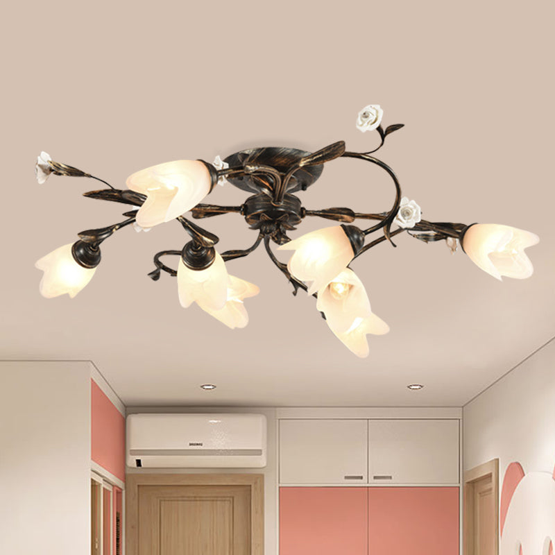 American Garden Flowers Light Affermazione 4/6/8 Teste Crema in vetro Semi Full Mount Lighting in Bronzo