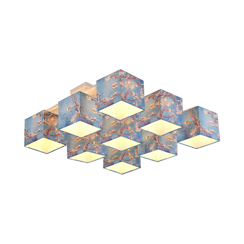 9 Bulbs Cube Semi Flush Mount Chandelier Pastoral Style Blue Printed Fabric Ceiling Light