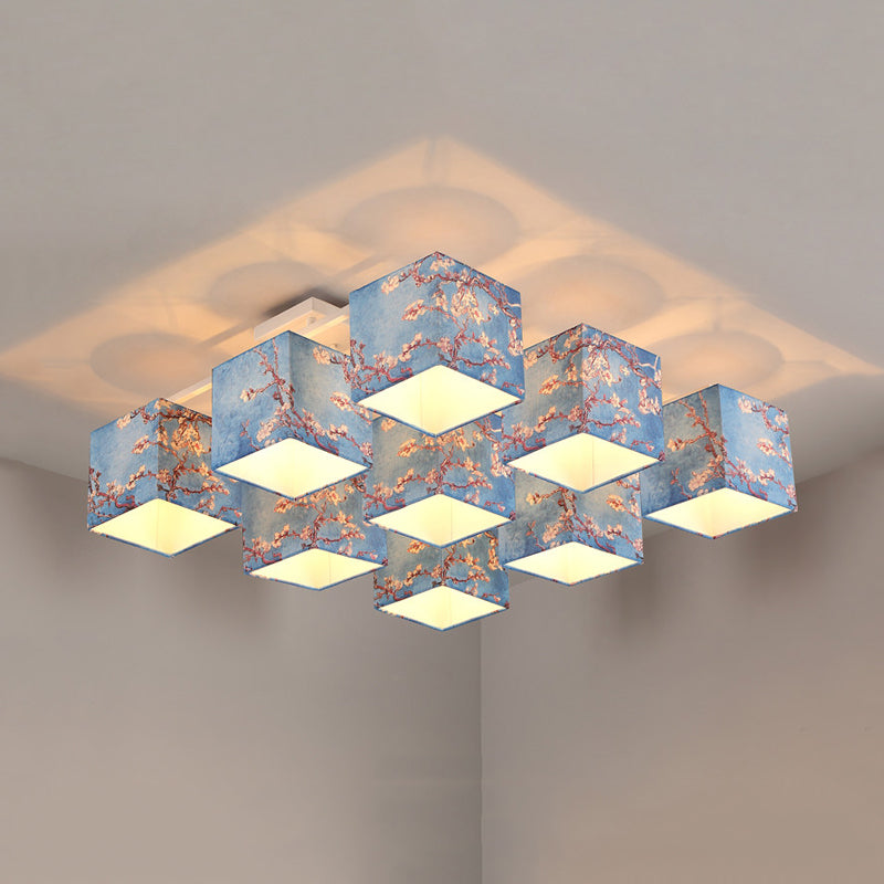 9 Bulbs Cube Semi Flush Mount Chandelier Pastoral Style Blue Printed Fabric Ceiling Light