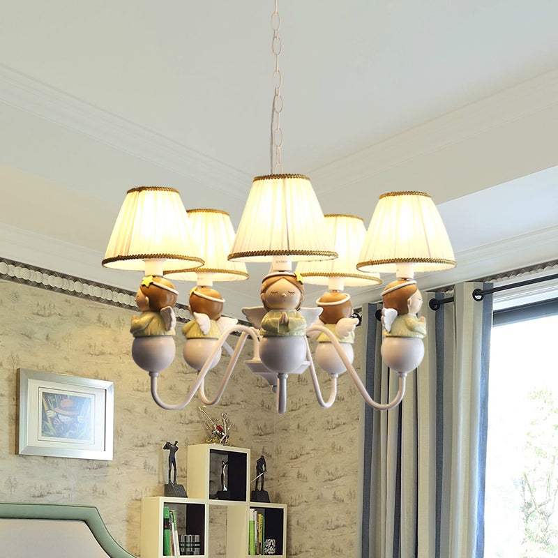 Fabric Conical Hanging Light Cartoon 5 Heads White Chandelier Lamp with Angel Decoration