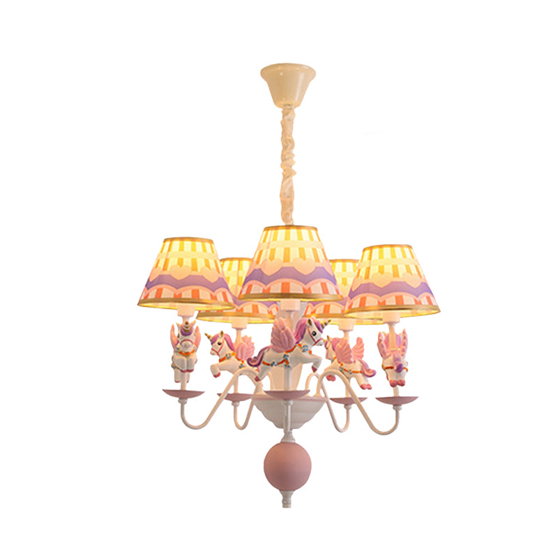 Pink/Blue Tapered Pendant Chandelier Cartoon 5 Lights Fabric Ceiling Light with Unicorn Decoration